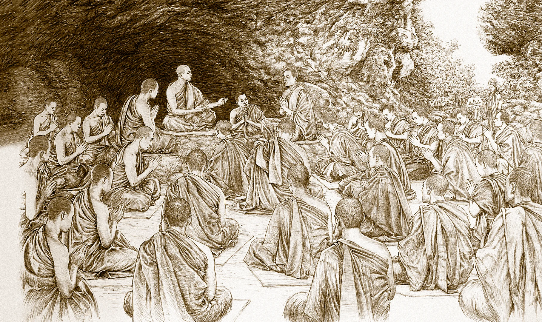 ภาพที่ ๒ — ปฐมสังคายนา ณ ถ้ำสัตตบรรณคูหา